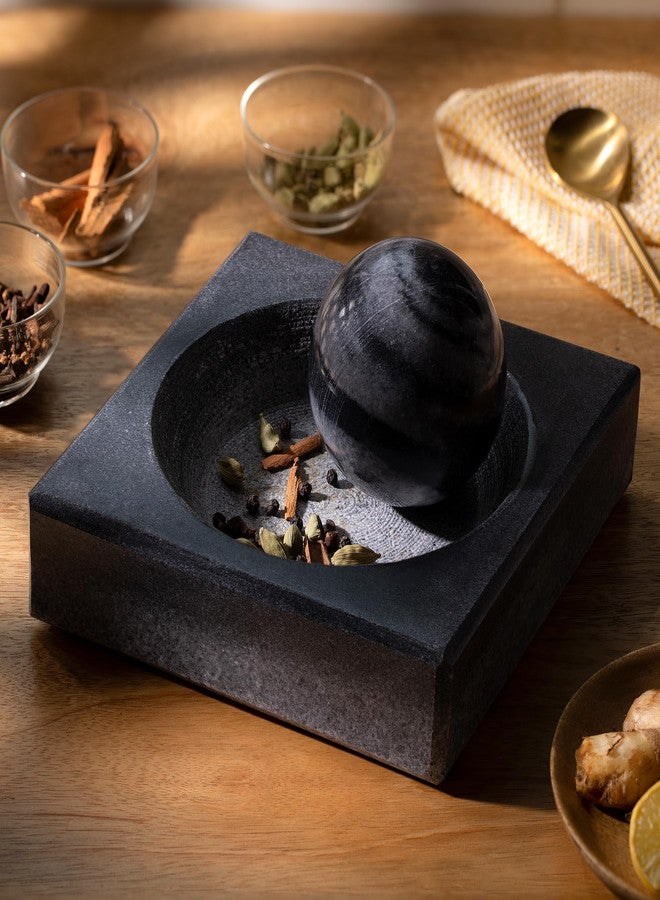 Ellementry Erebus Marble Mortar & Pestle Set, Khalbatta Stone, Imam Dasta, Okhli Masher, Kharal, Kundi Sota, Natural &Traditional Spice Grinder for Kitchen, Khal Batta Musal for Spices & Herbs - Image 1